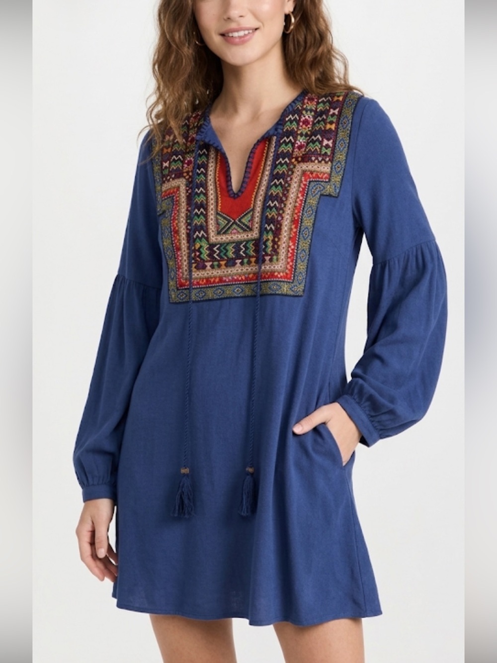 Kopal  Embroidered Navy Boho Tunic Dress with Red Accent size M